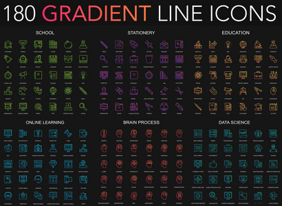 180时尚梯度风格的细线图标集的学校, 文具, 教育, 在线学习, 大脑过程, 数据科学隔离在黑色背景