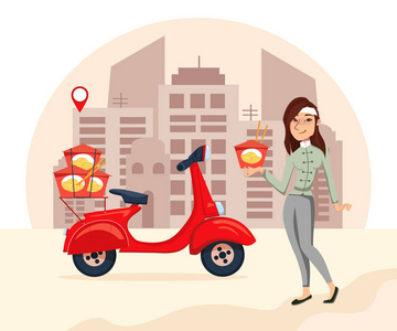 矢量女卡通人物插图. 送货食品的概念.照片