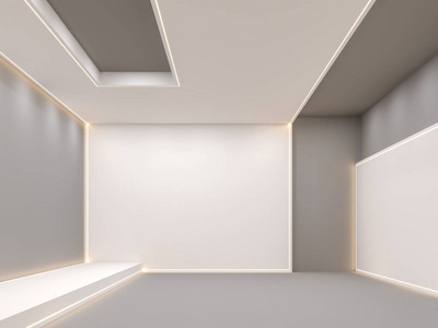 空房间，现代空间，白色和灰色元素3D渲染。用LE D条光装饰。