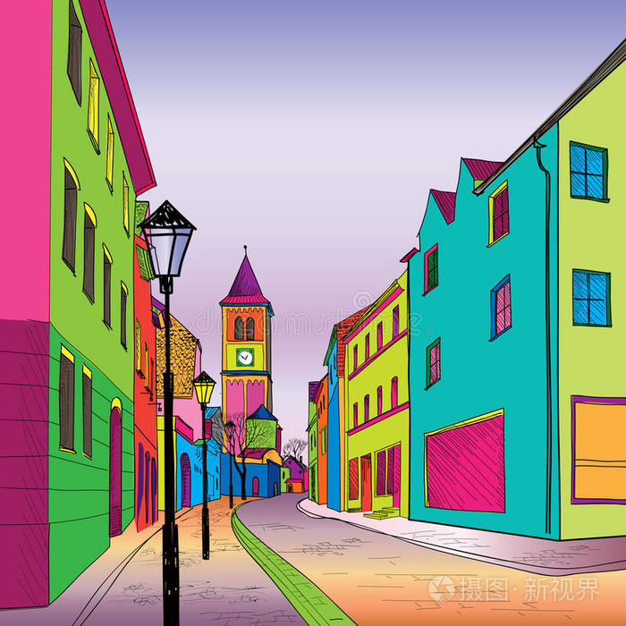 老城区的步行街绘制透视图