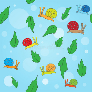 卡通蜗牛与树叶无缝图案