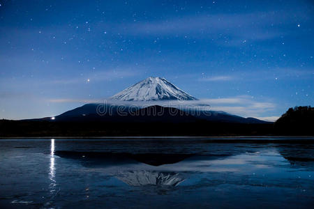 倒像富士山在结冰的湖面上照片
