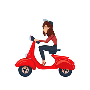 送货女孩骑滑板车. 快递快速送货服务. 矢量女卡通人物插图.