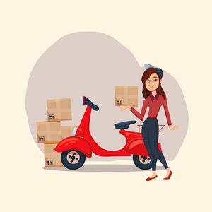 快速送货服务由快递在滑板车上. 矢量女卡通人物插图. 交付概念.掌