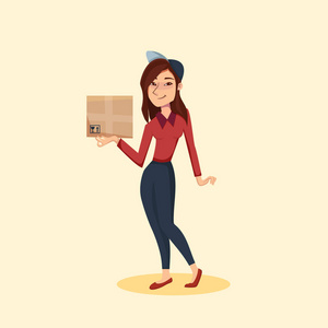带纸板包裹盒的送货女孩. 快递快速送货服务. 矢量女卡通人物插图.