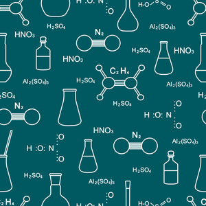 科学矢量无缝图案与烧瓶分子结构和公式。 教育要素。 化学生物医学。