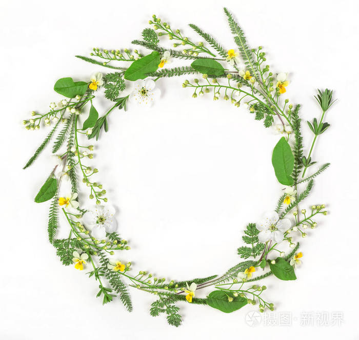 圆形框架花环由春天的花和白色背景上孤立的叶子制成平躺着上面的风景