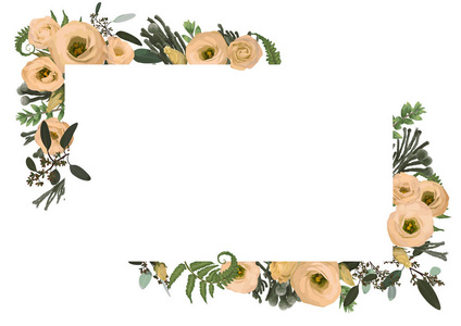 矢量卡花艺设计与桉树枝，博克斯布鲁尼亚植物绿色和花卉尤斯塔霜。 装饰水平框架方形。 可爱的问候明信片模板婚礼发明