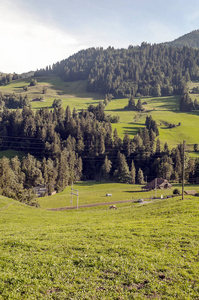 瑞士阿尔卑斯山的山脉，在阳光明媚的日子里有木屋和草地。