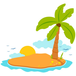 一个荒岛，有椰子树太阳和贝壳。