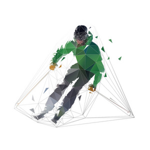 穿绿色夹克衫的下坡滑雪者，孤立的低多角形矢量插图