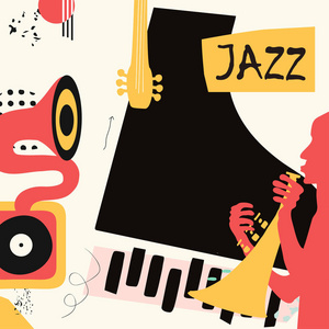 爵士音乐节海报，小号钢琴和留声机平面矢量插图