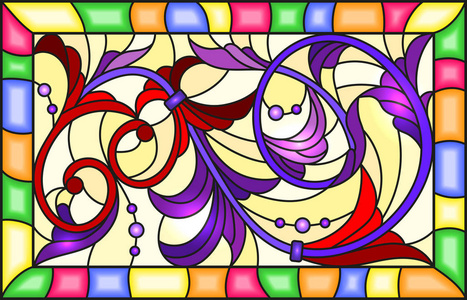 彩色玻璃样式的插图，在明亮的框架矩形图像中，黄色背景上有紫色漩涡的植物分支