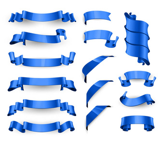 逼真的蓝色光泽矢量丝带。 一大套。 向量
