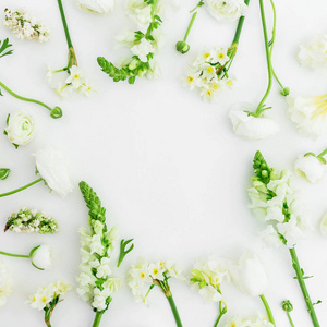 白色背景上白色花的花框。 平躺顶部视图。