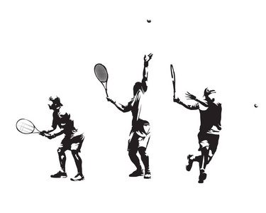一组网球运动员的矢量剪影。 孤立油墨图纸