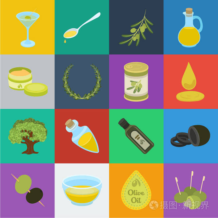 橄榄, 食物卡通图标集合为设计。橄榄油, 调味矢量符号股票网页插图