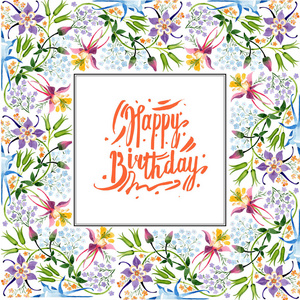 水彩背景插图，带有花饰和生日快乐字母