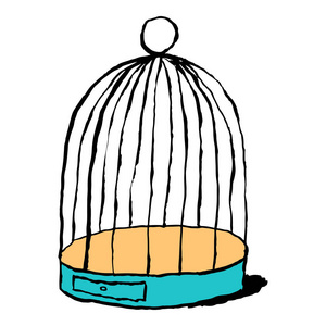 鸟笼,隔离在白色背景上. 用毛笔和墨水画了卡通画.