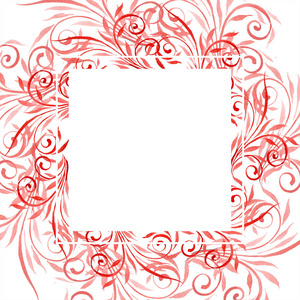 带有漩涡的红色花饰。 水彩背景插图集。 带有复制空间的框架边框装饰。