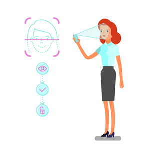 面部识别的概念。 卡通商务女性手中拿着智能手机，通过人脸识别技术访问设备。 平面设计矢量插图。