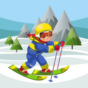 卡通小男孩滑雪在雪山照片