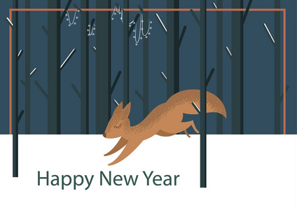 矢量平面卡通冬季插图与跑松鼠在森林和树背景与雪和复制空间