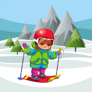 卡通小男孩滑雪在雪山