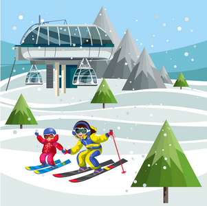 在山顶上的滑雪缆车站上的卡通滑雪者