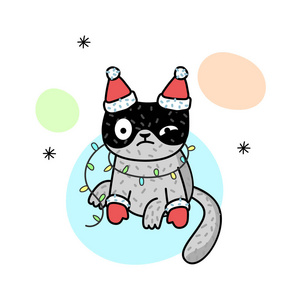 冬季插图与快乐猫穿着圣诞老人。 可爱的小猫。 明信片海报印刷的衣服或附件的矢量插图。 新年和圣诞节。