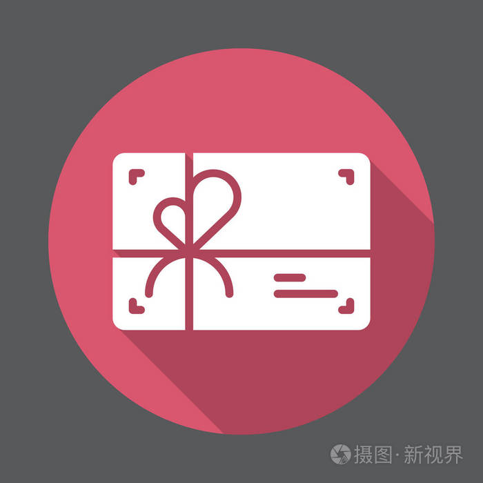 礼品卡平图标. 圆形彩色按钮圆形矢量符号,具有长阴影效果. 平式设计
