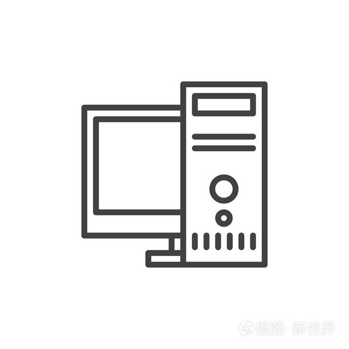 台式计算机工作站线图标轮廓矢量符号线性样式象形文字隔离在白色上