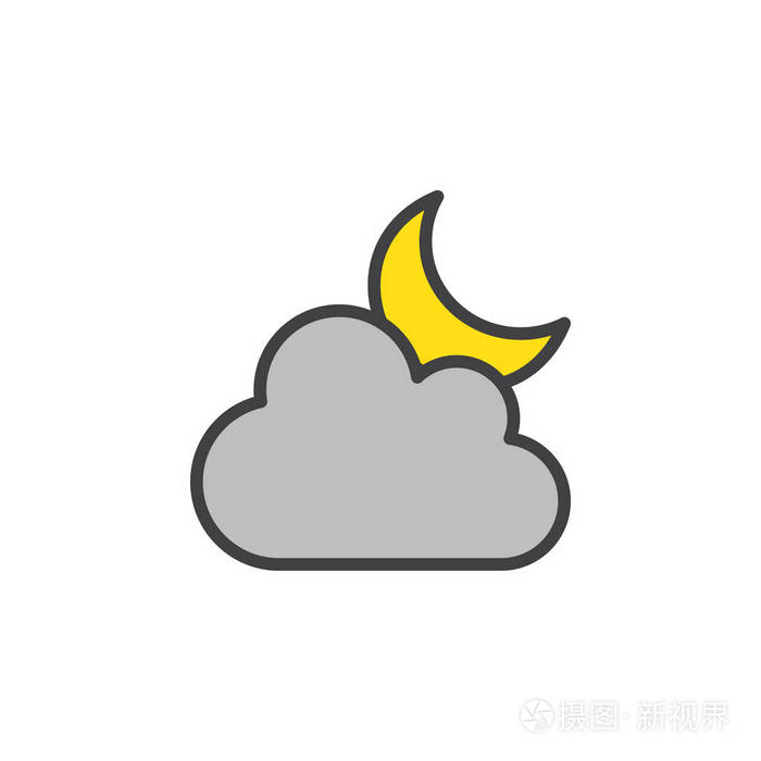部分多云的夜间天气符号标志插图. 可编辑笔画. 像素完美
