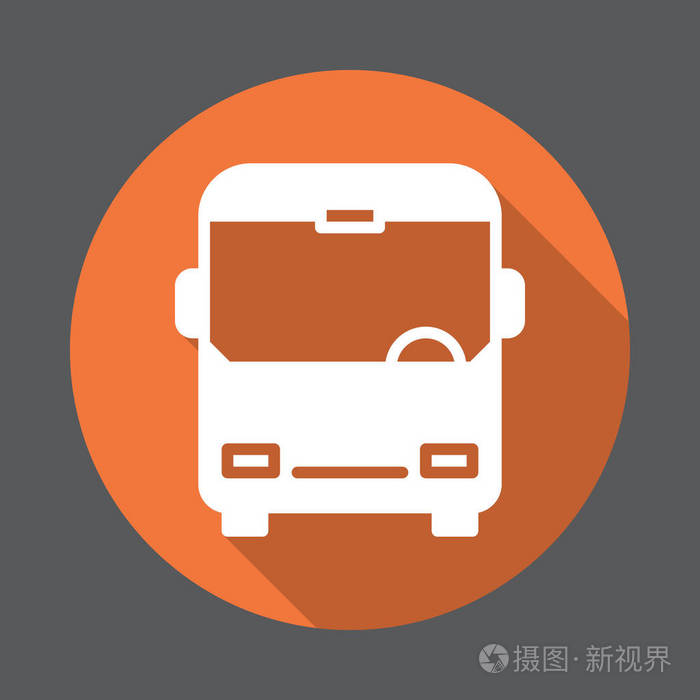 公共交通巴士平面图标. 圆形彩色按钮圆形矢量符号,具有长阴影效果.