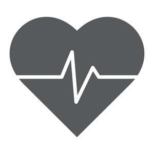 心率字形图标, 医疗和脉冲, 心跳符号, 矢量图形, 白色背景上的固体