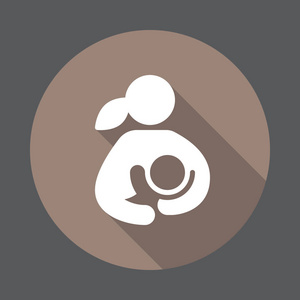 母乳喂养妇女母乳喂养她的孩子平面图标。 圆形彩色按钮圆形矢量符号，具有长阴影效果。 平式设计