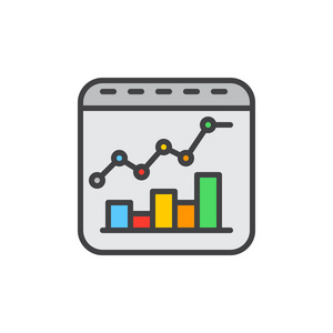 条形图和线条组合图填充轮廓图标矢量标志彩色插图
