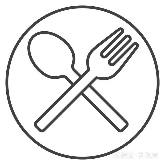 叉子和勺子上的菜线图标轮廓矢量符号线性风格象形文字隔离在白色上