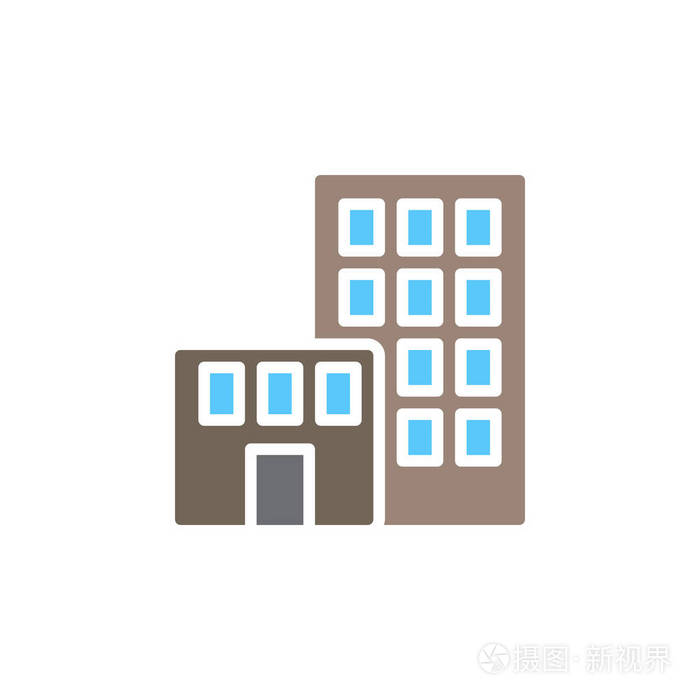 办公楼图标矢量填充平面标志,实心彩色象形文字隔离在白色上.