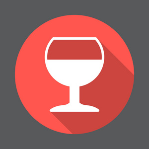 酒精饮料酒杯平面图标. 圆形彩色按钮圆形矢量符号,具有长阴影效果.