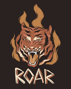 矢量手画插图咆哮虎与火隔离.纹身艺术品.牌模板,海报.