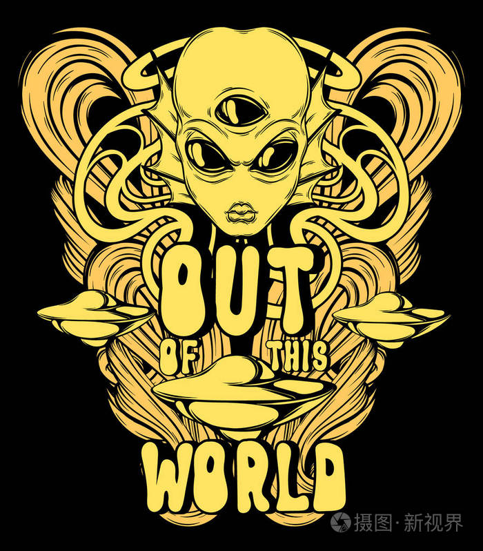 矢量手绘插图外星人与飞碟和框架隔离.有创意的纹身艺术品.模板为卡片