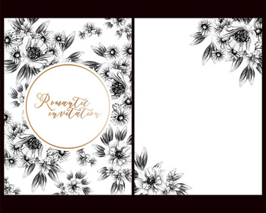 复古风格的花婚礼卡设置为黑白。花卉元素和框架。
