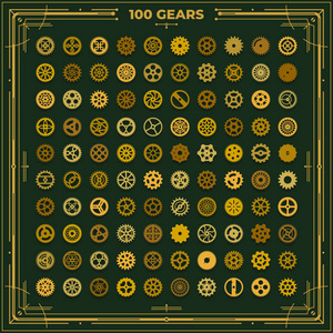 蒸汽朋克齿轮设置维多利亚时代的复古设计风格钟表插图金属齿轮元素在