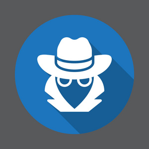 间谍,特工平面图标.圆形彩色按钮,圆形矢量标志具有长阴影效果.