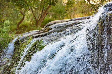 巴西卡拉卡斯米纳斯吉拉斯的小瀑布，水流过岩石，背景是森林