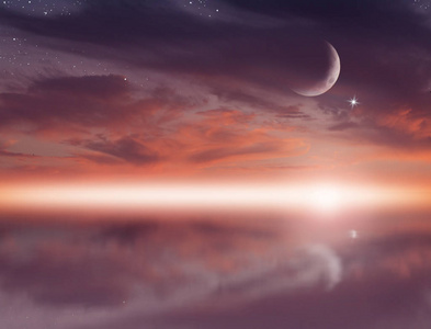 美丽的宗教背景与新月, 星星和发光的云朵照片