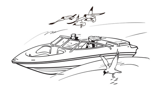 年轻的一对男女, 驾驶着飞海鸥中的快艇。男孩和女孩在暑假。素描样式手绘的向量例证