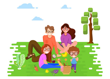快乐的家庭在公园里野餐。向量平样式例证
