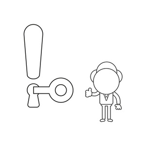 矢量插图概念商人字符解锁感叹号钥匙孔与钥匙和给予拇指。 黑色轮廓。